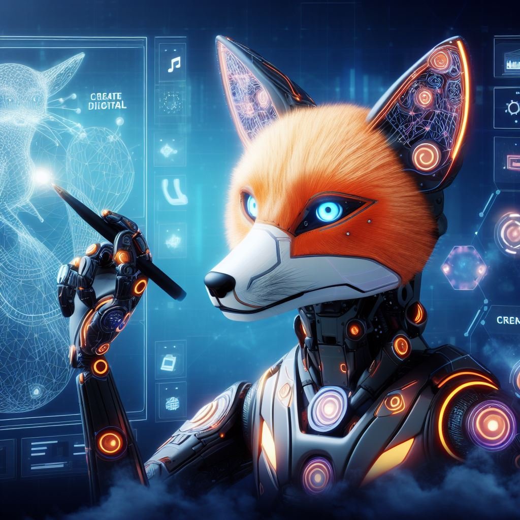 KI-Roboterfuchs erschafft digitale Kunst – Sinnbild für KI-Kreativität