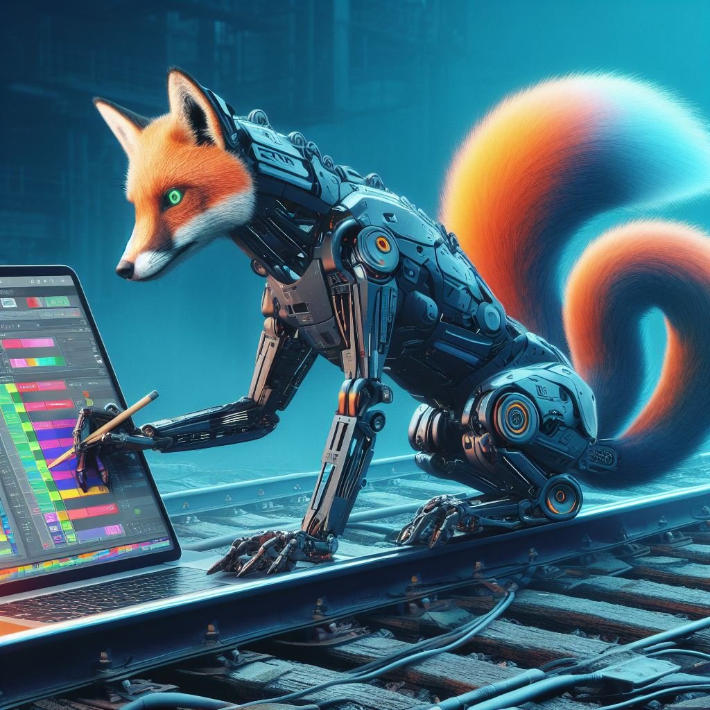 KI-Roboterfuchs am Laptop auf Bahngleisen – Sinnbild für Schreiben und Dokumentieren