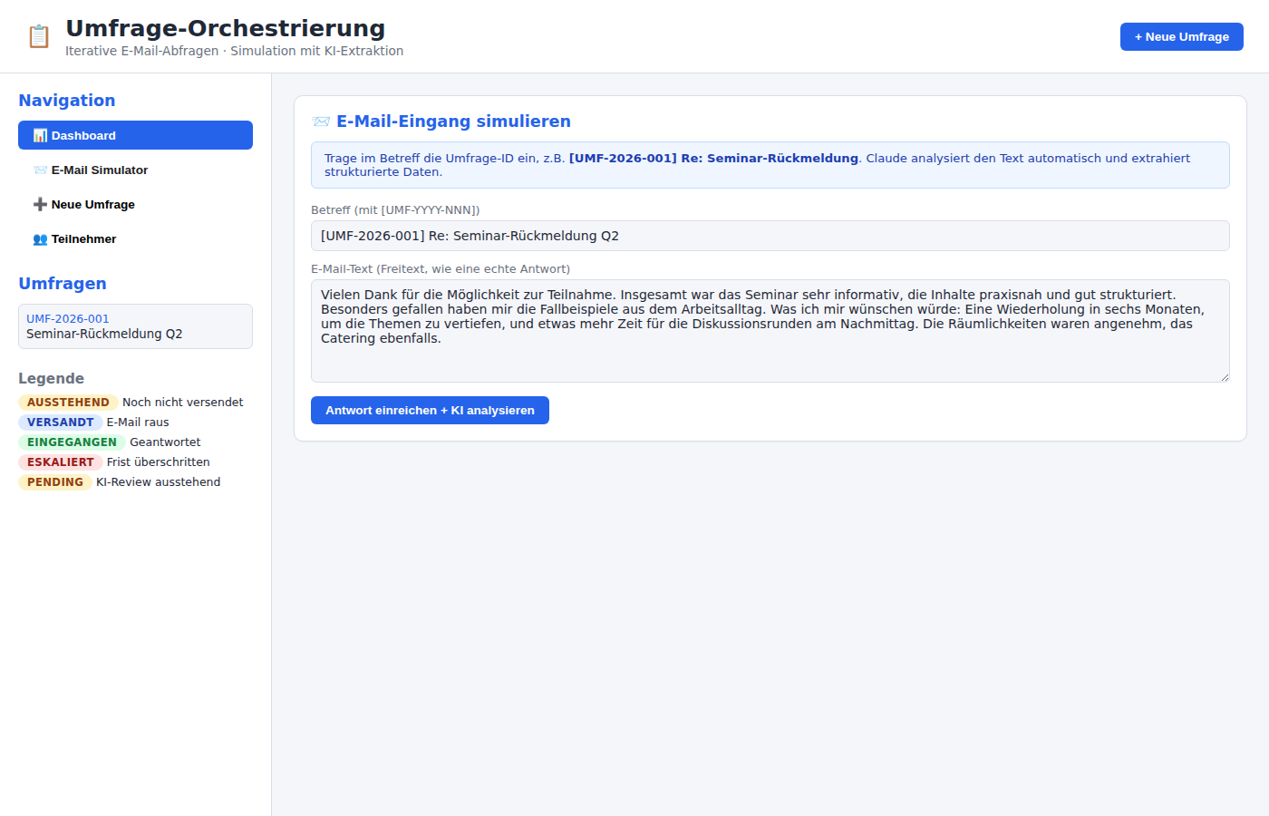 E-Mail-Simulator: Betreff und Antworttext eingeben